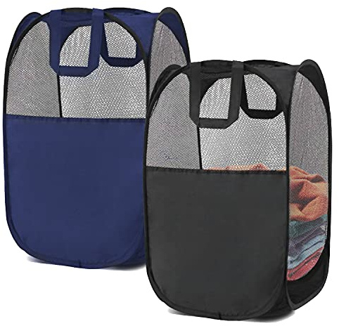 BENJUNC 2 pop-up foldable mesh laundry baskets (each with 2 reinforced handles), black + blue…