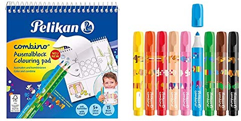Pelikan 811231 Malblock Combino (mit Tiermotiven, 15x15 cm) 1 Stück + Fasermaler Combino super 411, 9 Stifte in Faltschachtel