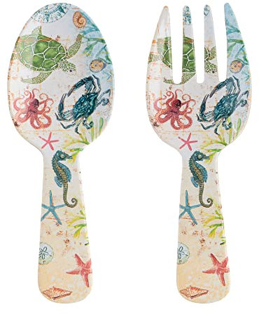 Supreme Housewares 2-Piece 10.75 Inch Melamine Salad Server Serving Utensil Set Includes Salad Spoon and Salad Fork (Sealife Crab)