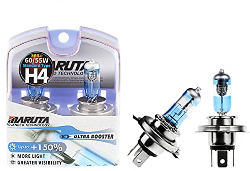 MARUTA ULTRA BOOSTER H4 60/55W +150% Helligkeit, Halogenlampe für Scheinwerfer, Abblendlicht, Fernlicht, 3800K langlebige Xenon-Gas Birne mit hochwertigem Quarzglas & Straßenzulassung (ECE Prüfzeichen