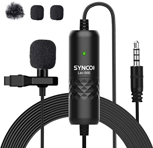 SYNCO Lavalier Microfono Omnidirezionale Clip On Microphone con protezione dal vento, 3,5 mm TRS/TRRS 6 metri per Smartphone Cellulare iPhone Android Huawei Samsung, PC Laptop Camera DSLR Lav-S6E