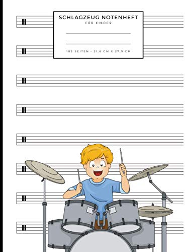 Schlagzeug Notenheft für Kinder: Notizbuch für Musiker zum Selberschreiben | 21,6 x 27,9 cm | 102 Seiten