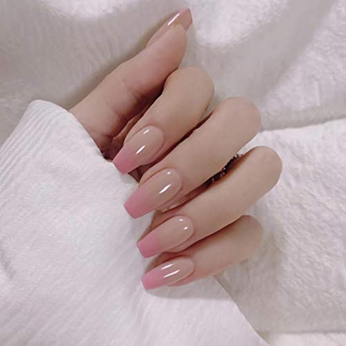 Sethexy Brillant Ballerine Longue Faux ongle Cercueil Rose nude Faux ongles Pente Design d'art 24 pièces Acrylique Appuyez sur les pointes des ongles pour les femmes et les filles