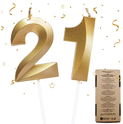 Geburtstagskerzen Zahlen 21, Zahlenkerze 2 & 1 Cake Topper Kerzen Geburtstag, Gold Kuchendeko Geburtstag Kerzen Zahlen Tortendeko Geburtstagskerzen für Geburtstagsdeko Hochzeit Jahrestag Party Feier