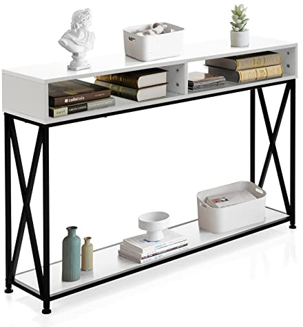 GOPLUS Konsolentisch, schmaler Flurtisch mit 2 Etagen & stabilem X-Rahmen, 120 cm x 23 cm x 79 cm, 2 Ebenen, für Flur, Wohnzimmer, Schlafzimmer (Weiß)