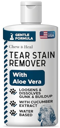 Chew + Heal Labs Pet Tear Stain Remover for Dogs - 120ml (4oz) Water-Based Dog Eye Wash & Cleaner - Dissolves Gunk & Buildup - Aloe Vera & Cucumber Extract