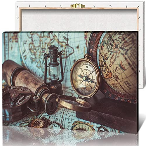JIUJIUJIU Vintage nautische Werkzeuge Poster Wandbild Artwork Kompass Teleskop Globus Leinwand Drucke Bild Wandkunst Malerei für Heimdekoration, 42 * 60cm, gerahmt