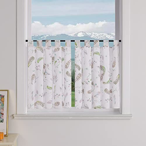 Delien 2er Set Scheibengardinen Blickdicht Bistrogardine Modern mit bunten Mustern »Feder« Küchengardinen Landhaus Dekoschals Kurz Fenstergardinen mit Schlaufen BxH 110x90cm,Weiß