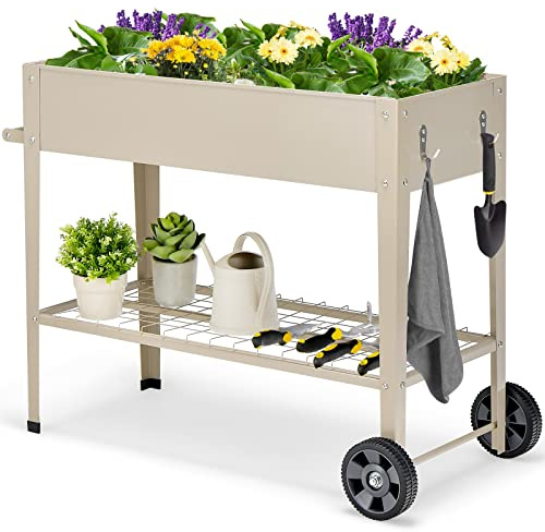 COSTWAY Hochbeet Metall, Erhöhtes Gartenbeet mit 2 Rollen & Ablage, Pflanzkasten mit Haken & Griff, Kräuterbeet Gemüsebeet groß, für Balkon Garten Terrasse, 95 x 40 x 80 cm (Weiß)