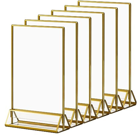ECOSEAO Goldener doppelseitiger Bilderrahmen- 6 Pack, 10x15 cm Acryl klar Bild Tischkartenhalter vertikale Stand, Aufsteller im Staffelei-Stil Menü Halter Display für Hochzeit Tischnummer, Foto