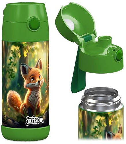 Jarlson® Trinkflasche Kinder Edelstahl MALI [THERMOSFLASCHE] - Kindertrinkflasche Auslaufsicher - Thermoskanne Kohlensäure geeignet - Thermo Trink Flasche für Schule & Kindergarten (350ml, Fuchs)