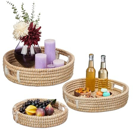 Relaxdays Serviertablett 3er Set, Esstablett mit Griffen, geflochtenes Tragetablett aus Seegras, hoher Rand, rund, Natur | geflochtenes Tragetablett aus Seegras, hoher Rand, rund