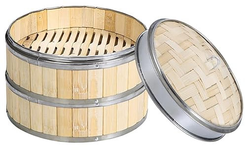 Luminexia Cestello per Cottura a Vapore in bambù,2 Livelli/3 Livelli Vaporiera Bamboo con Strisce in Acciaio Inox,Pentole per Cottura a Vapore per Verdure Carne Pesce Riso Panini Dim Sum,9 Taglie