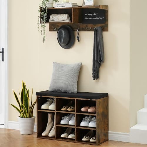 IDEALHOUSE Hall Tree Shoe Bench Industrial 6 in 1 Coat/Shoe Rack with 5 Hooks, 9 Storage Cubbies with Bookshelf and Small Blackboard, for Entryway, Hallway, Living Room (Brown, 31.5 inch)