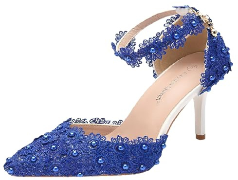 Jamron Donna Elegante Tacco a Spillo Décolleté a Punta con Cinturino alla Caviglia Pizzo Perle Scarpe da Sposa Blu SN0703212-1 EU41.5
