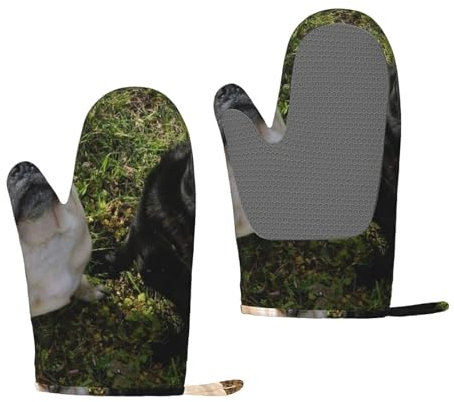 Schwarz-weißer Mops, Silikon-Ofenhandschuhe, rutschfeste Kochhandschuhe, hitzebeständige Backhandschuhe, EIN Paar