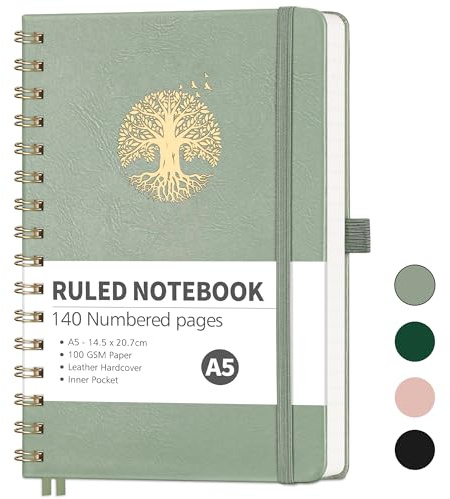 RETTACY A5 Spiral Notebook, Lined Journal, 140 Pages, LightGreen | Hardback Notepad for Women Men, 100 GSM Thick Ruled Paper, for Writing Work Office School - 14.5 × 20.7 cm