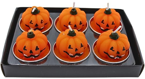 Dekohelden24 Teelicht - Kerzen, Figurenkerze, Herbstkerze, Halloweenkerze, Halloweendeko, Teelichtkerzen als Kürbis als 6er Set in orange, Lieferumfang 6 Kerzen, Maße je Kürbis 4 x 4 x 4 cm.