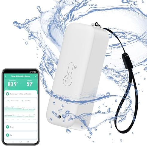 Smart igrometro termometro: impermeabile umidità e sensore di temperatura con notifica di allarme app, sensore WiFi automagnetico per interni esterni, compatibile Alexa (1 PC, bianco)