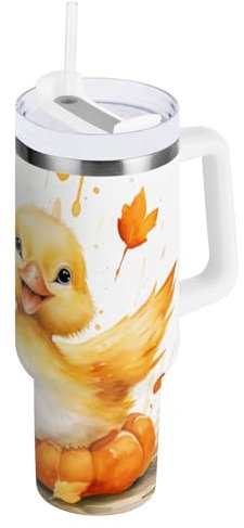 Mnsruu Yellow Duck Gobelet isotherme avec poignée, 887 ml – Bouteille d'eau sous vide en acier inoxydable avec couvercle et paille pour eau, thé glacé ou café