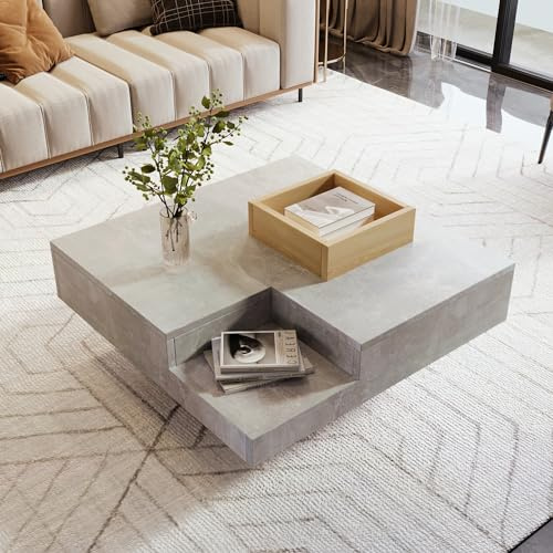 KAZZIO Mesa de centro para salón, mesa auxiliar con caja de almacenamiento extraíble, 72 x 72 x 30 cm (gris hormigón y color madera)