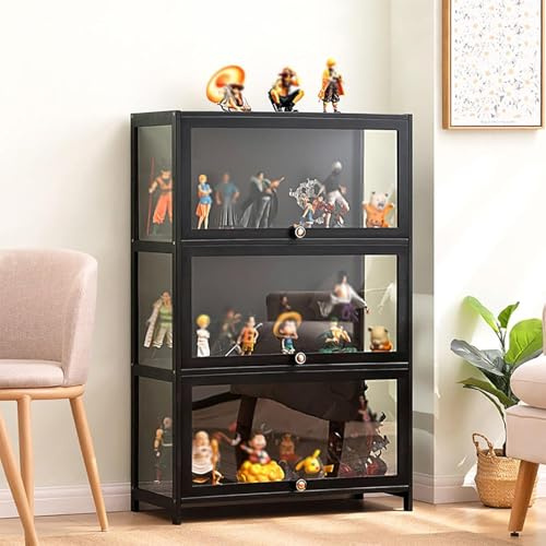 Koubhyj 3 Schicht Vitrine für Sammlerstücke, 70x33x106cm Multifunktionale Staubdichte Glasvitrine, Holzvitrine Großer Stauraum transparente für Wohnzimmer(Schwarz/Auf DREI Seiten transparent)