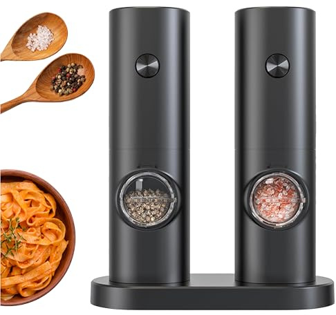 Electric Salt and Pepper Grinder Set, Adjustable Coarseness, Automatic Single Hand Operation Pepper Mill with Base. Suitable for Kitchen, Restaurant & BBQ