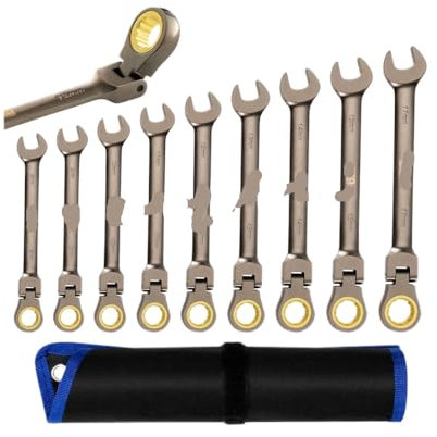 GZQHAZYW Juego de Llaves de trinquete con Cabeza Flexible métrica, Juego de Herramientas con Cabezal Giratorio niquelado de 8-17 mm, 9 Piezas