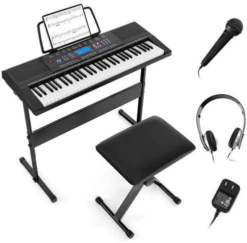KOMFOTTEU Teclado Electrónico de 61 Teclas, Piano Digital con Soporte y Banco, Piano Electrónico con Micrófono, 300 Timbres y Ritmos, 50 Canciones de Demostración, Auriculares y Atril