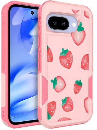 Ftonglogy for Google Pixel 9a Case 2025: Cute Flowers Floral Design for Girls Women Slim Soft TPU Bumper Shockproof Silicone Cell Phone Cover (Strawberry)