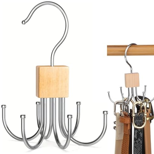 Yuiturt Rotatable Belt Hanger for Closet, 360° Swivel Belt Organizer with 6 Hooks, Space-Saving Belt Rack for Men, Hanging Storage for Belts, Ties, Socks, Gloves (Wood Color)