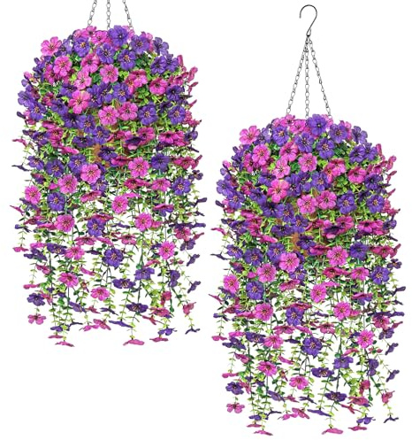 Dremisland 2 PCS Artificial Hanging Flowers UV-Resistant Fake Trailing Artificial Plants with Eucalyptus Realistic Violet Flower Baskets DIY Chain Drooping Plants for Indoor Outdoor Decor