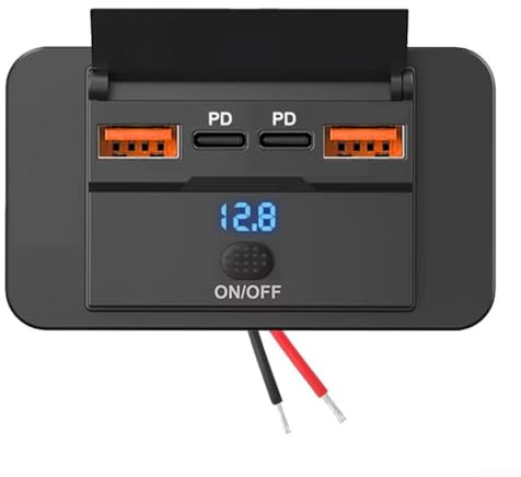 Feeshoppher Car Charger Socket Adapters 4-port 108W with Dual PD3.0 USB-C & USB-A Ports 12V-24V DC for SURFACE Mount Vehicle Outlet with Power Switch for RV Truck