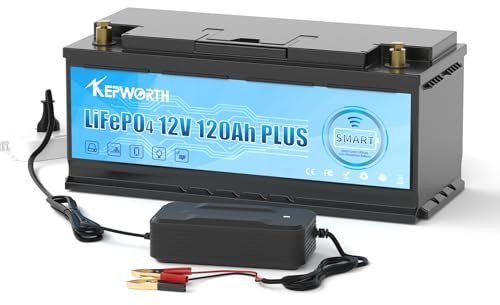 KEPWORTH Batería Litio 12V 120Ah, MAX. 15000 Ciclos con Bluetooth BMS 120A, Baterías de ciclo profundo, Batería LiFePO4 12V para Kayak, Camper, Solar, Barcos de Pesca de Róbalo, Autocaravanas (RV)