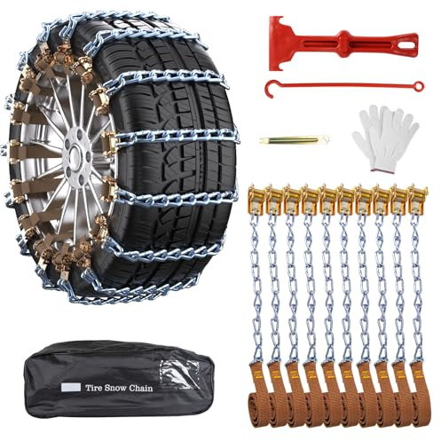 Oziral 10-Pack Snow Chains for Cars, SUV & Trucks, Heavy Duty Tyre Chains Fits 165-255mm Tyres, Includes Gloves, Wrench & Storage Bag for Easy Setup - Reliable Winter & Mud Wheel Chains
