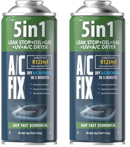 AC Fix 5-en-1 – R1234yf x2 Réfrigérant pour climatisation Automobile avec Huile, Produit d'étanchéité, Colorant UV, dessiccant – Protège Le compresseur