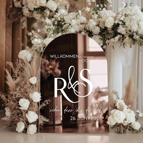 Willkommensschild Hochzeit personalisiert Acrylglas Spiegel Rosegold Hochglanz – elegante Deko für Empfang, Party & Events – Made in Germany