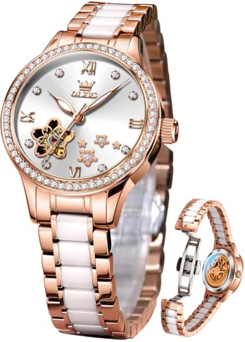 OLEVS Rose Gold Womens Watches Self Winding Diamond Luxury Dress Lady Watch Automatic Mechanical Female Wrist Watch