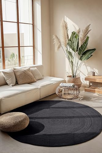 Hanse Home Rangpur Juteteppich - Natur Wohnzimmerteppich Rund aus 100% Jute, Handgewebt - Robust & Pflegeleicht - Moderner, Boho Naturfaser Teppich für Wohnzimmer, Schlafzimmer - Schwarz, Ø100cm