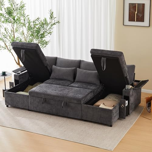 Lahoomu Viersitzer-Schlafsofa in U-Form mit Getränkehalter, Ecksofa mit Stauraum und Schlaffunktion，Inklusive Getränkehalter und Kissen，Multifunktionales Sofa für Wohnzimmer/Wohnung, Gray