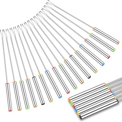 Cptoion 18 Pack Stainless Steel Fondue Forks with Heat-Resistant Handles, 9.3 Long, 6 Colors for Cheese, Chocolate, BBQ, Marshmallows, and Meat Roasting