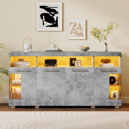 vutizal LED Sideboard Grau Hochglanz mit Glasfronten & 3 Schubladen - Moderner TV Unterschrank und Aufbewahrungsschrank für Wohnzimmer, 140x40x70 cm
