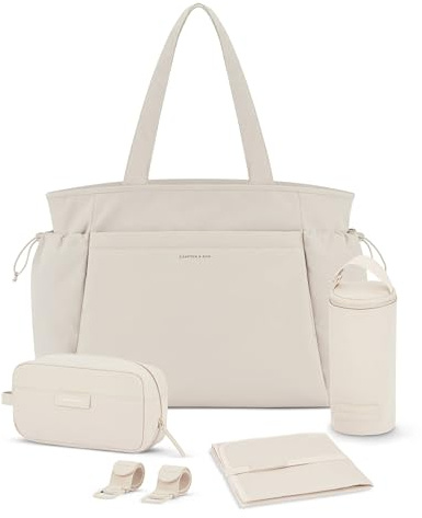 Kapten & Son Sac Cabas Hellvi Diaper Set Beige 25 L l Sac a langer avec fixation pour poussette et valise | Avec trousse de toilette, matelas à langer et porte-bouteille isotherme | Sac maternité