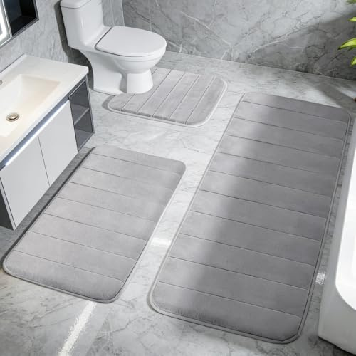 XPJBKC Badezimmerteppich Set 3-teilig aus Memory Foam, rutschfest & Saugfähig Badematte Set, Weich & Schnell Trocknend Badematten, Waschbar Bad Teppiche Sets für Dusche, WC & Badewanne(Grau)