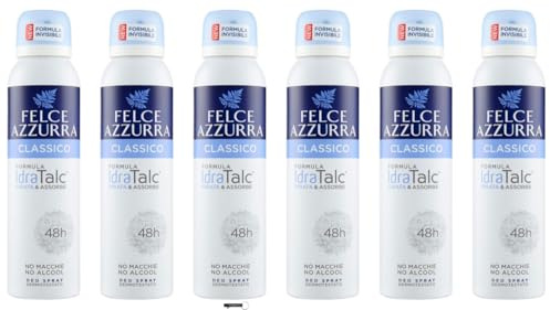 Felce Azzurra Classico Deo Spray con Formula IdraTalc, Efficacia 48h, Senza Macchie, 150 ml, Confezione da 6 + Italy Shop Portachiavi Gratis