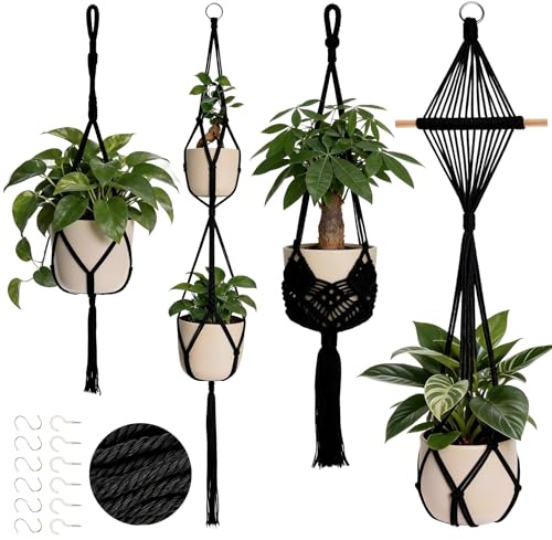 Chuner 4er Set Makramee Blumenampel Hängend Innen, Boho Deko Makramee Hängeampel, Baumwollseil Blumentopf Hängend mit Haken, Hängepflanzen Topf für Balkon Garten Fenster Deko (Schwarz)