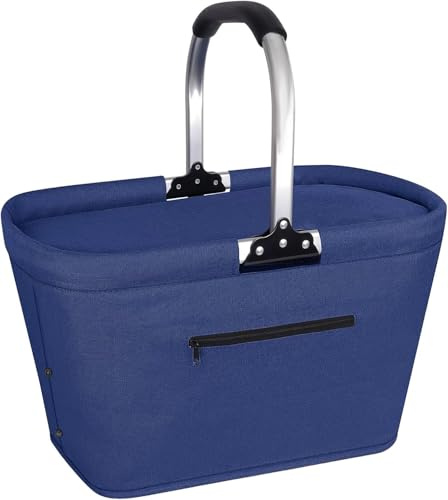 35L Faltbarer Einkaufskorb mit Deckel, Stabiler Tragekorb Picknickkorb mit Kühlfunktion, Große Isolierte Faltkorb mit Aluminium Griff, Ideal für Einkauf Reise Camping Strand