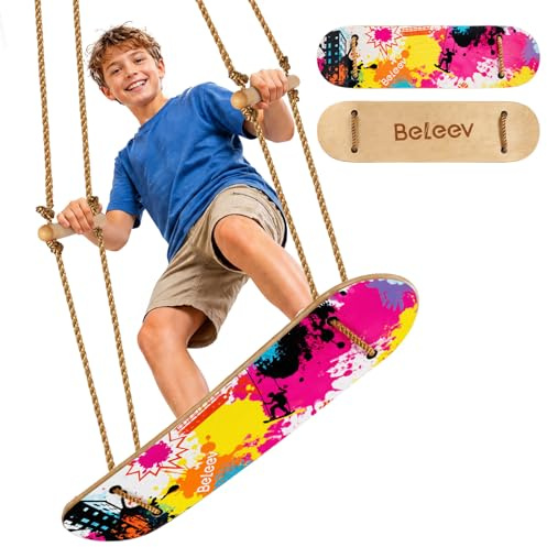 BELEEV Columpio de monopatín para niños y adultos, columpio de árbol de pie de 31 pulgadas con asas y cuerdas de madera ajustables, cubierta de cinta de agarre, 2 correas de árbol, entrenamiento de
