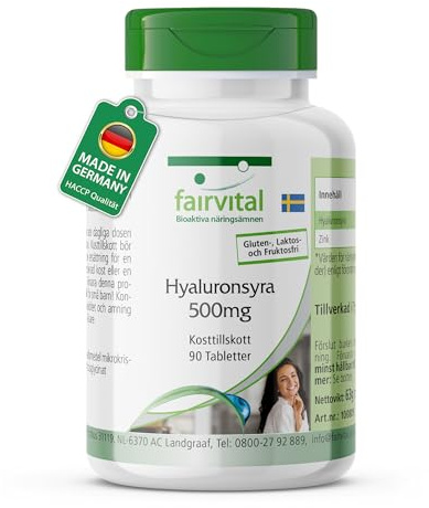 fairvital, hyaluronsyra 500mg, 90 tabletter, 500mg per styck, med zink, kvalitetskontrollerad och högdoserad, 100% vegansk, tillverkad i Tyskland