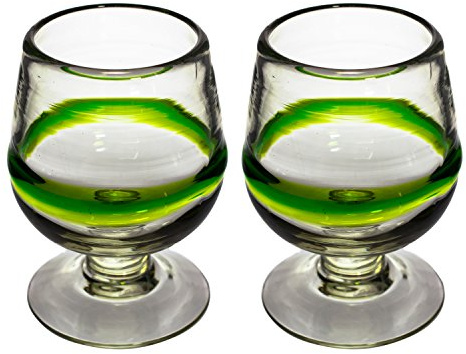 Tumia LAC Cognac or Brandy Glass, Blended Green Set of 2, Hand Blown from Recycled Glass - fair Trade and Handmade in Mexico
